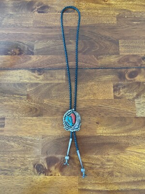 22" Sterling Navajo JPG Signed Turquoise and Red Coral Bolo Tie - Santo ...