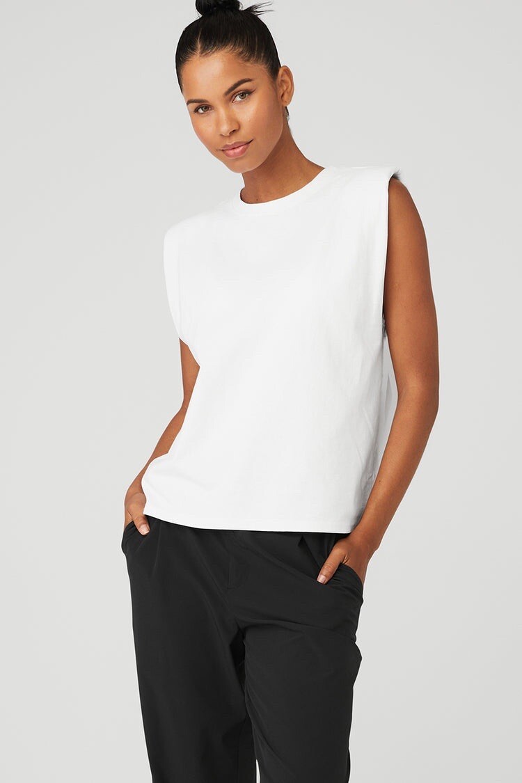 Alo Yoga Womens Headliner Shoulder Pad Sleeveless Tee - White