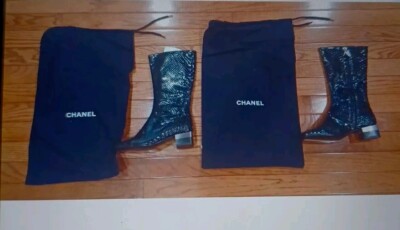 NEW Chanel Black CC Square Toe Boots Metal 1