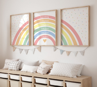 3er Set personalisierte Mädchen Regenbogen positive Affirmation Drucke, Kinderzimmer Schlafzimmer