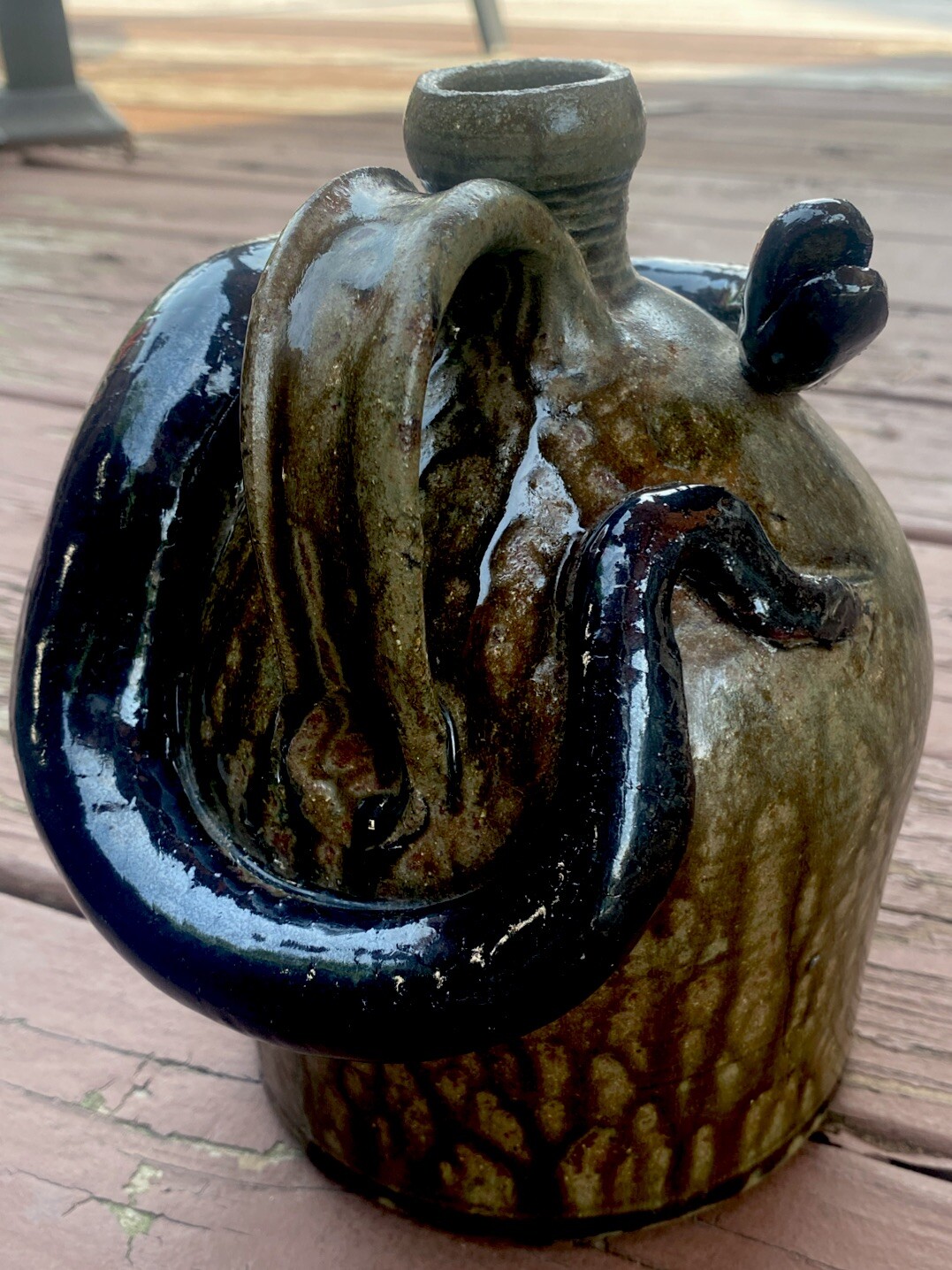 VTG Folk Art Primitive Creepy Flask Pottery Snake Jug Brown Glaze Marvin Bailey