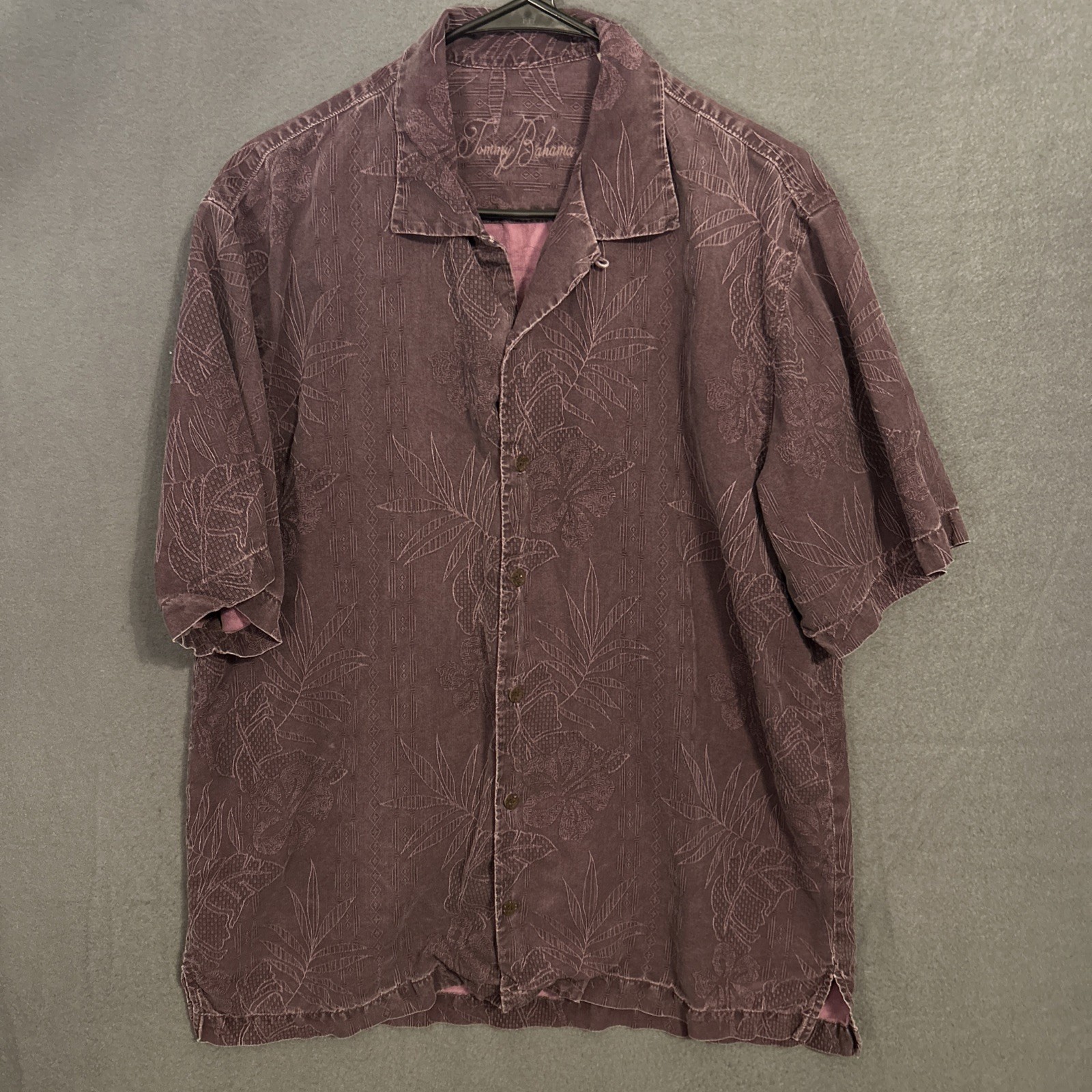 Tommy Bahama MENS L Hawaiian Silk Button Camp Shirt Purple Floral Loop Collar