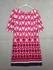 Geometric Print Dress Size 6 Bold Pink Print Shift 3/4 Sleeve Stretch Colorful