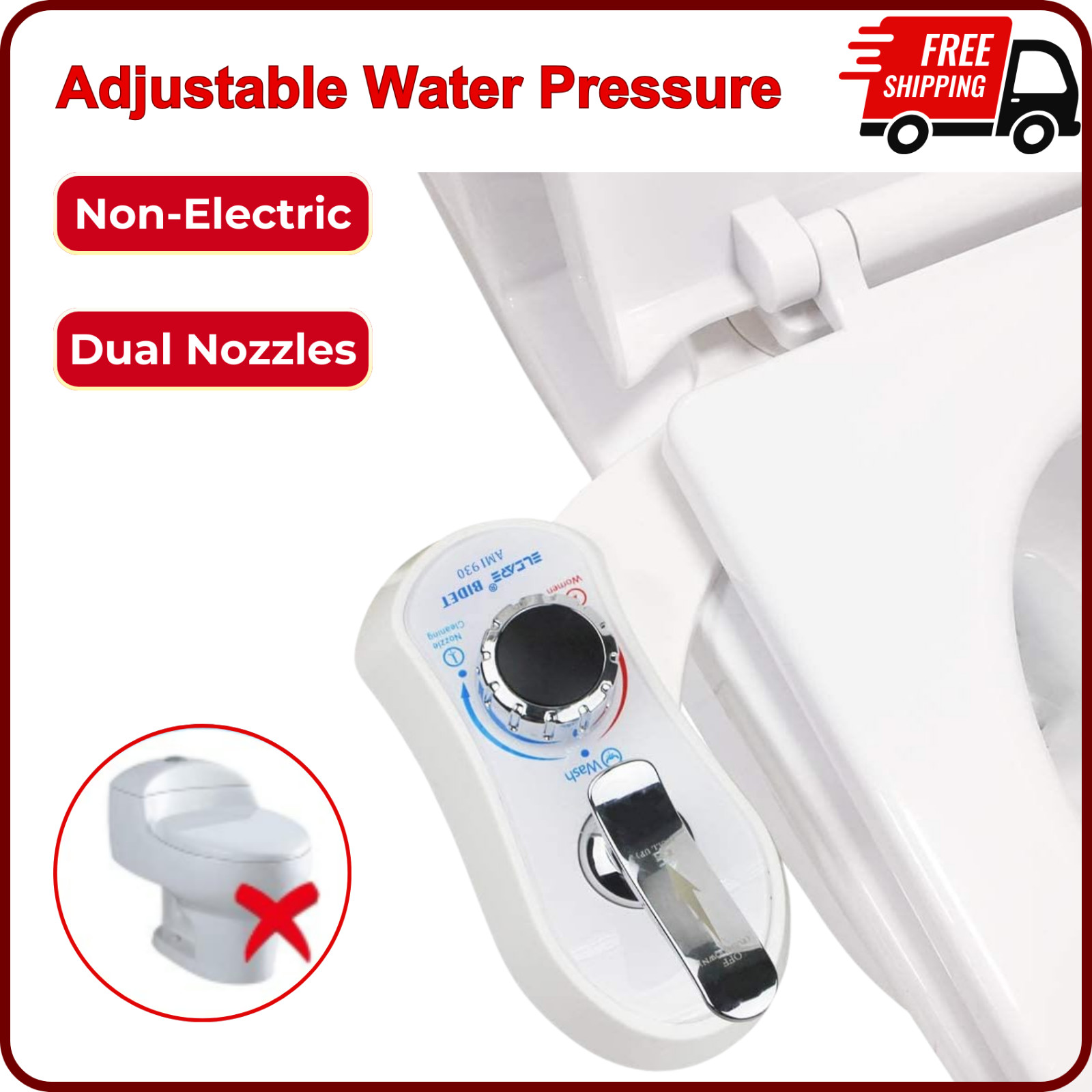 Toilet Rear End Bidet Attachment Wash Adjustable Fresh Water Spray, Dual Nozzles