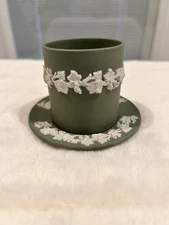 Wedgwood Jasperware Sage Green Cup & Saucer Set – White Relief Grapevine Design