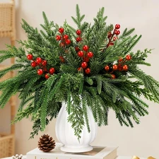 62 Pcs Artificial Pine Branches Christmas Greenery with Red Berry Stems Flowe...