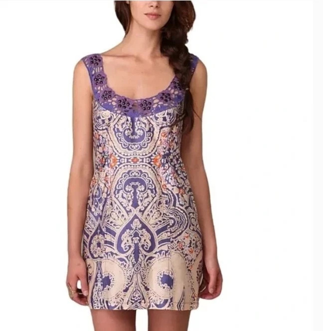 Free People Dress Womens 4 Sheath Jeweled Folklore Paisley 100%Cotton Natural