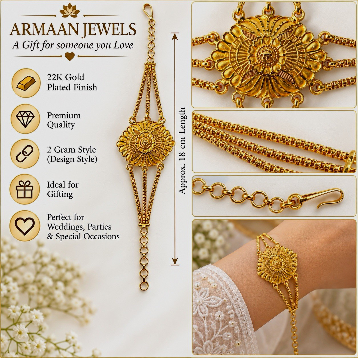 ARMAAN JEWELS 22K Gold Plated Flower Charm Cable Chain Bracelet 18cm Adjustable