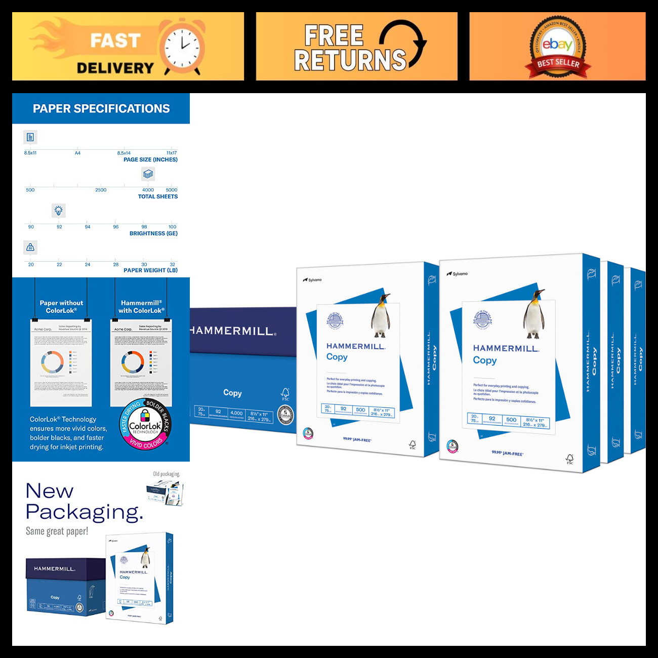High-Quality 20 lb Copy Paper, 8.5x11, 4000 Sheets, 92 Bright, USA Made, 8 Reams