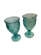 2 Pioneer Woman Adeline Turquoise Embossed Footed Glass Wine Water Goblet 12 oz