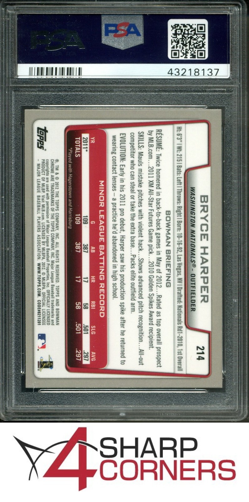 2012 BOWMAN CHROME #214 BRYCE HARPER RC NATIONALS PSA 9 view 2