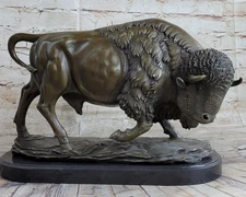 Hot Cast Bronze American Buffalo Bison Statue Sculpture Figure Decor Marble Base