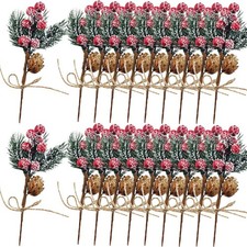 20PCS 8inch Artificial Christmas Floral Picks, Red Fake Berry Picks Stems, Pine