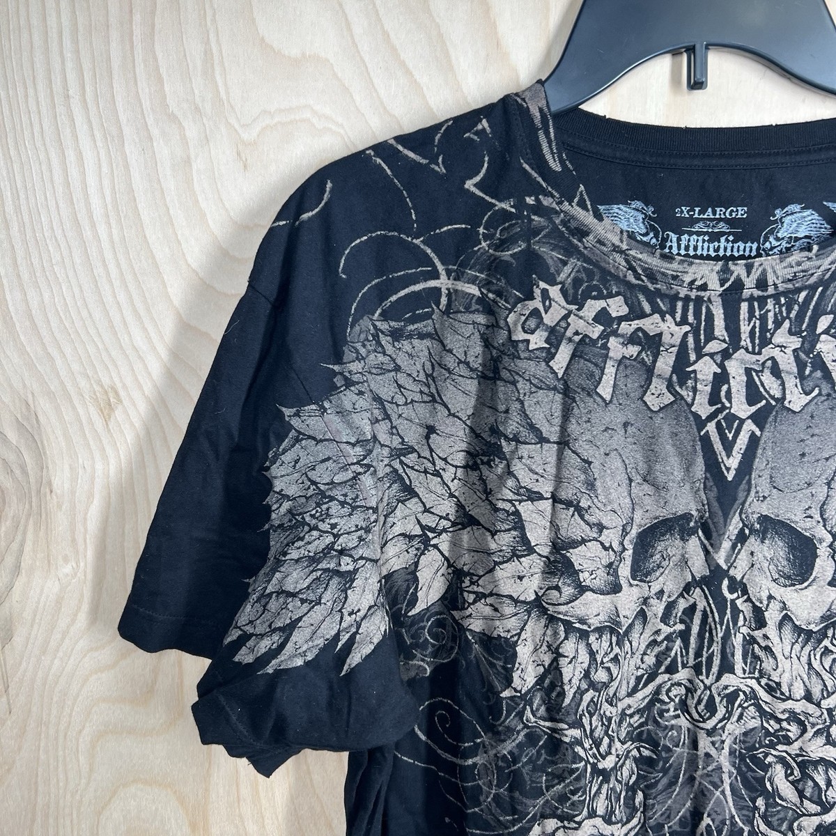Y2K Affliction Mens 2XL Black Skull Wings Short Sleeve Shirt NEW