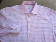 XLNT 255 ETON "CONTEMPORARY" PINK PLAID COTTON DRESS SHIRT 15 1/4 X 34 3/4