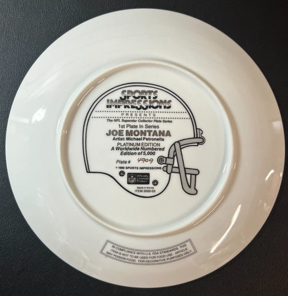 Sports Impressions Ltd. 1990 placa Joe Montana con certificado de autenticidad edición platino SF 49ers NFL! Foto 3 de 4