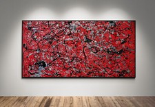 XXL Jackson Pollock Style Red Abstract Canvas - Handmade Large WallArt 59x30 in