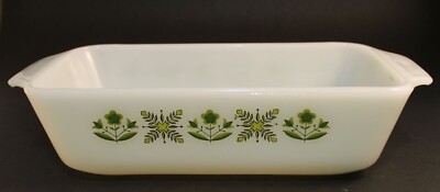 Vtg Anchor Hocking 1 Qt Rect. Casserole Dish Meadow Green Design