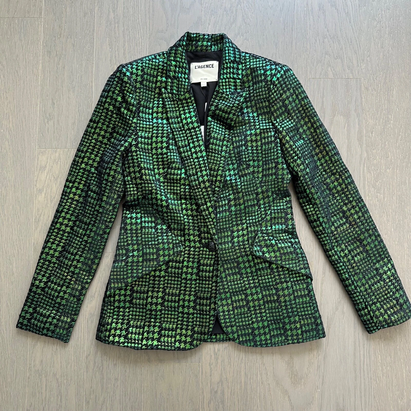 L'Agence Chamberlain Single Breasted Houndstooth Print Blazer Metallic - Size 2