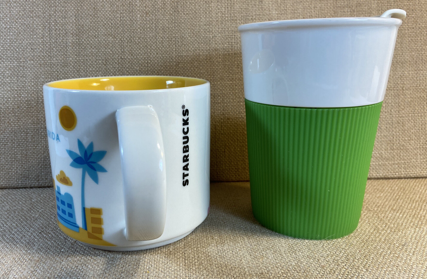 2 Starbuck Mugs Travel Lid Coffee Cup You Are Here Florida White Green