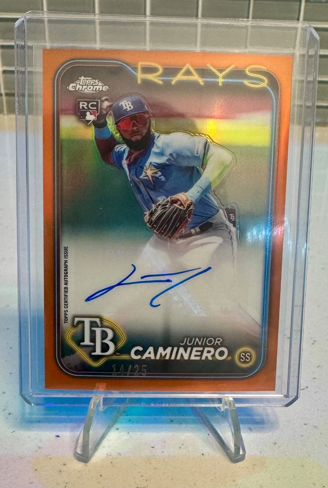 2024 Junior Caminero Topps Chrome Update Autographs Orange Refractor RC Auto /25
