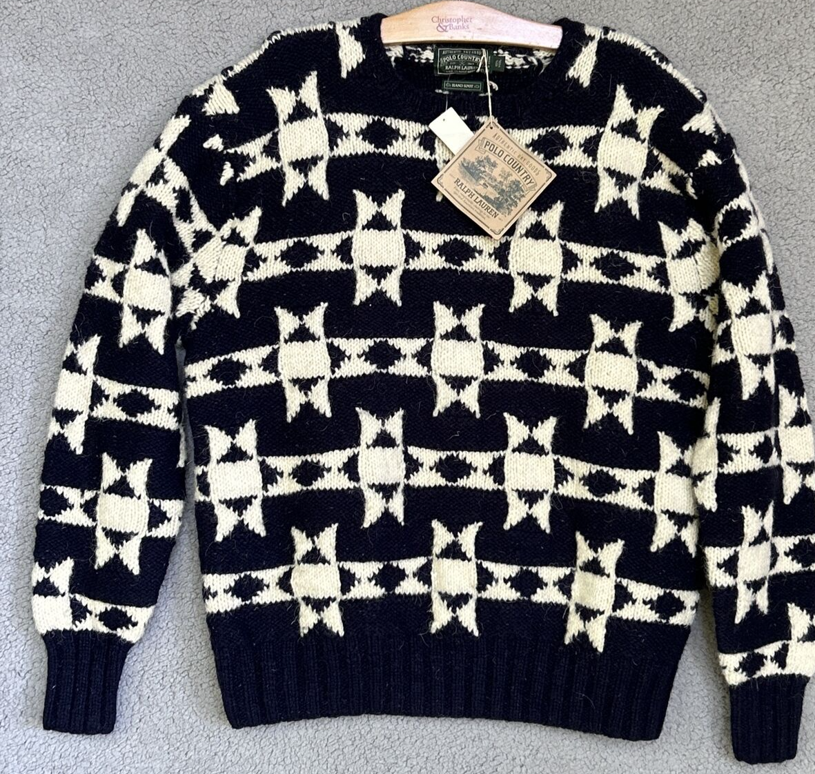 トップス RALPH LAUREN / POLO COUNTRY HAND KNIT Vtg Ralph Lauren Polo Country Hand Knit Wool Navy Blue Star Quilt