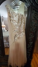 Tadashi Shoji Formal One Shoulder Tulle Gold Embroidered Leaf Gown Nude
