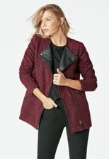 Justfab Boucle & Faux Leather Trim Moto Jacket Red / Navy Size L Uk 14 Bnwt
