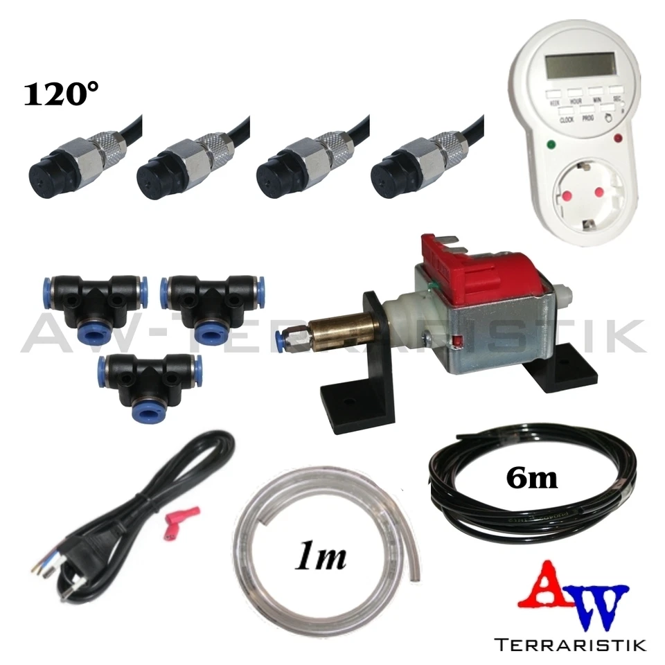 AW-TERRARISTIK Beregnungsanlage - Bausatz f. Terrarium mit 4 Sprühdüsen 120° und Zeitschaltuhr