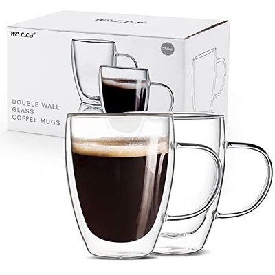 12 Oz Double Walled Glass Coffee Mugs with Handle,s, Set of 2