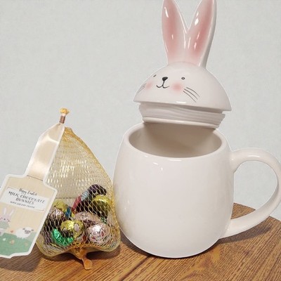 Bezaubernder Hasen Deckel Keramiktasse rosa Ohren Tee Kaffee Ostern Geschenk Tasse Pralinen