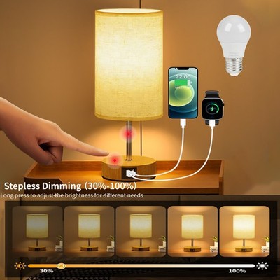 Bedside Table Lamp for Bedroom - 10 Way Dimmable Touch Lamp USB C Charging Ports