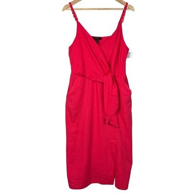 Ellen Tracy Coral Linen Blend Sleeveless Tie Midi Dress XL Chain Straps Boho