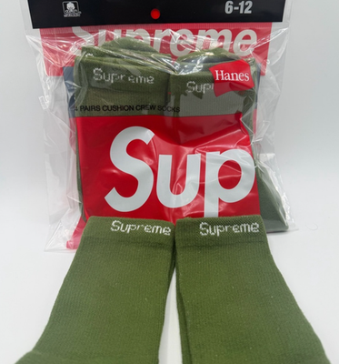 Supreme Hanes Crew Socks 4 Pairs Olive Green Size 6-12 Cushioned