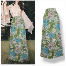 Vintage 60s 70s Handmade Cottagecore Boho Mod Pink/Green Floral Maxi Skirt  Small
