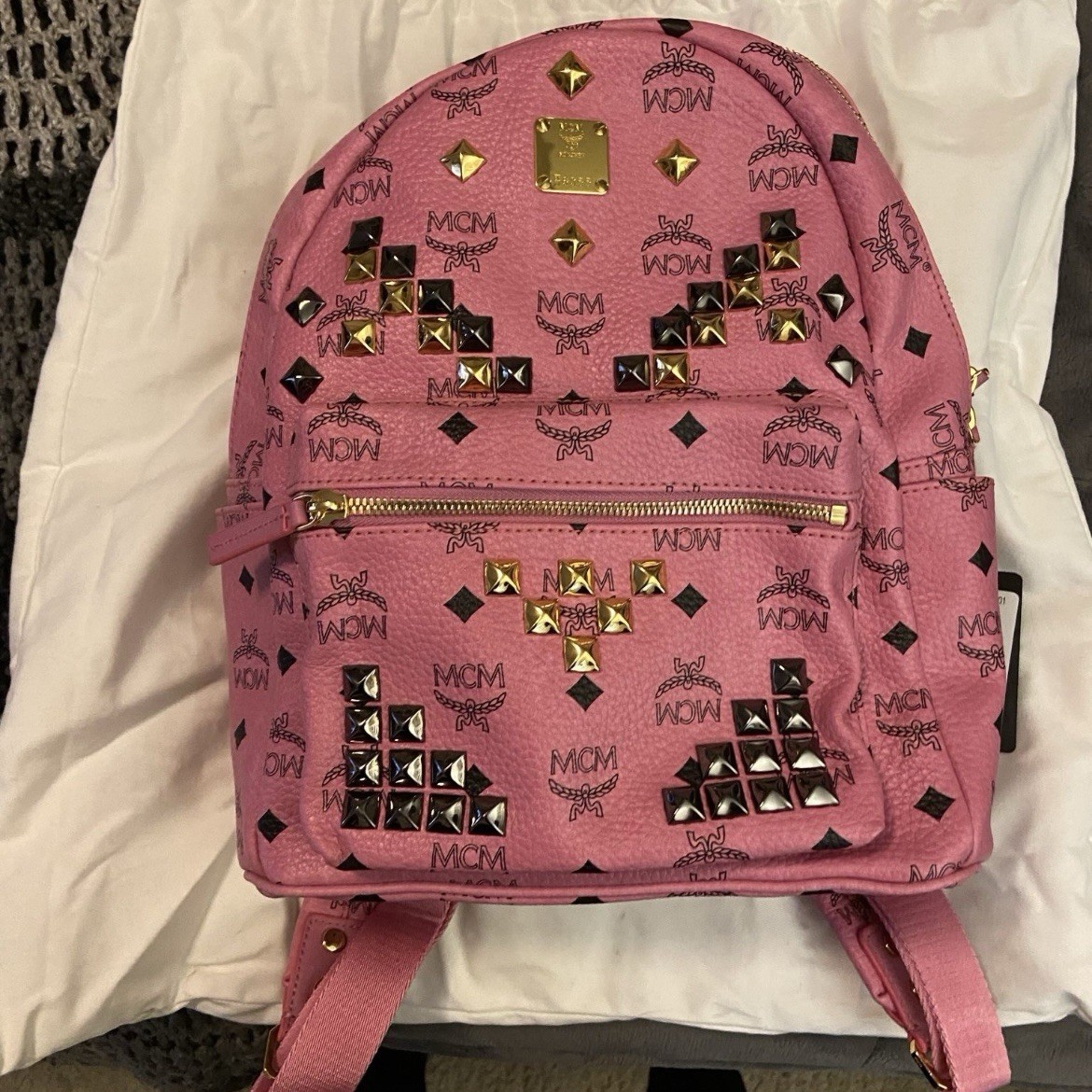 MCM Pink Logo Studded Zip Backpack Gold Hardware Inner Pockets w