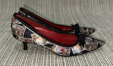 CELINE MULTI COLOR POST CARD PRINT FABRIC BOW DETAIL PUMPS Sz 36B MADE IN ITALY