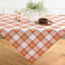 Solino Home Linen Table Throw for Fall, Thanksgiving - Orange Plaid, 52 x 52 In