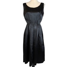 Vintage 1950s Black Satin Cocktail Dress | Full Skirt | Classic Pin-Up Midi