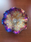 Stippled Blue Northwood Carnival Glass Good Luck Bowl Electric Highlights