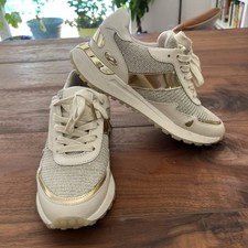 Michael Kors Monroe Gold Glitter Chain-Mesh Trainer Sneakers 5.5M Ivory/Gold