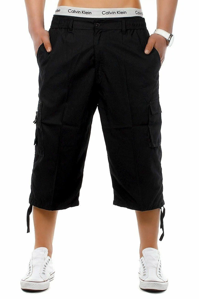 Mens Combat Cargo 3/4 Shorts Elasticated Pockets Casual Pants Big Sizes S-6xl Black Bg-622 XXL