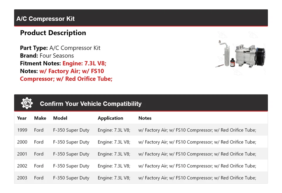 Kit de compresor de aire acondicionado V8 7,3 L para Ford F-350 Super Duty 1999-2003 4 estaciones 2000 Foto 2 de 4