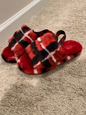 UGG Fluff Yeah Slide Backstrap Slippers 1131630K Plaid Punk Red 6Y / 7.5 Womens