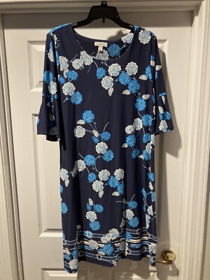 Charter Club Blue White Floral Pullover Midi Dress sz XL