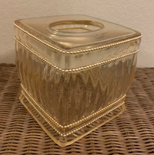 Nicole Miller - Ribbed Clear Amber Lucite Tissue Box Cover with Gold Beaded Trim