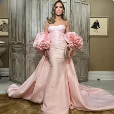 open lace back dress Light Pink Satin Scoop Neck Dress With Sequin Applique And Lace Up Bac main image 0