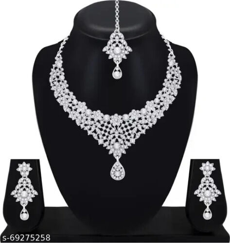 New Traditional Silver Plated White stone Necklace bridal Wedding & Jewelry Set - Picture 1 of 1