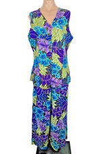 VTG 90s 2pc suit wide leg pants Vest Floral Beaded ANA MORI Flowy Lounge OSFA