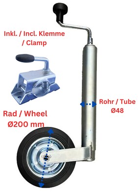 Stützrad Ø200 Rohr 48mm Bugrad Anhänger Wohnwagen Caravan inkl. Klemmhalter